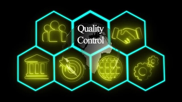 Glowing neon line Quality Control concept button on a visual display. abstract technology background with rotating world map icon, Business, Technology, Internet and networking concept 4k Video.