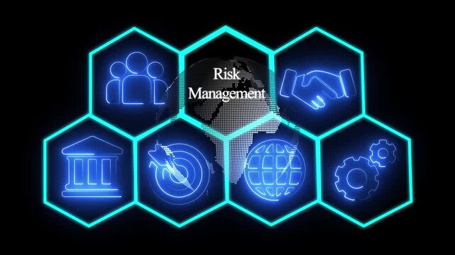 Glowing neon line Risk management concept button on a visual display. abstract technology background with rotating world map icon, Business, Technology, Internet and networking concept 4k Video.
