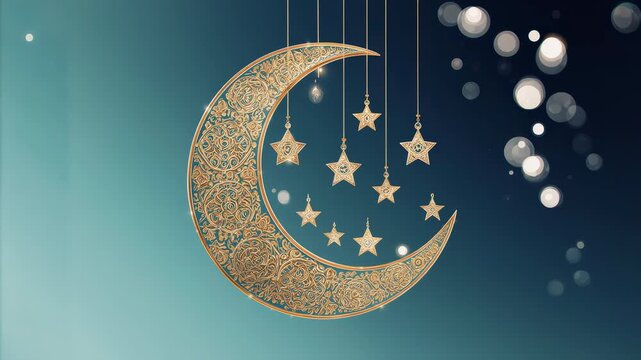 Ramadan -  Elegant golden crescent moon with hanging stars, set against dark blue background with glowing bokeh effects - hd and 4k