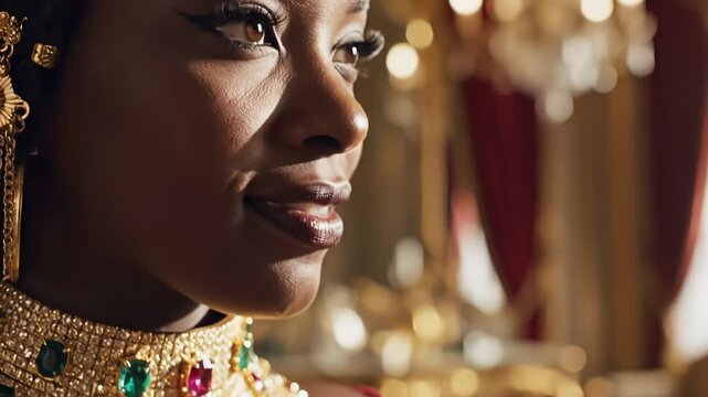 Elegant woman touches her ornate gold and gemstone necklace. She smiles, revealing precious emeralds and rubies. Opulent luxury setting.