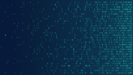 Obraz premium Abstract Cybersecurity Background featuring a Horizontal Gradient of Binary Code. Digital Bitstreams Emerge from the Right Margin and Dissolve into a Dark Teal Void on the Left for Software Developmen