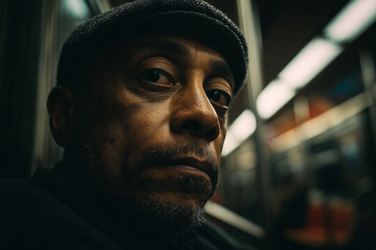 Black and white close-up portrait of a mature man on a subway, looking upward. Cinematic documentary style, concept of urban solitude and reflection, ideal for social and lifestyle themes