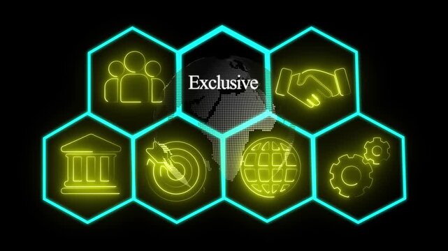 Glowing neon line Exclusive concept button on a visual display. abstract technology background with rotating world map icon, Business, Technology, Internet and networking concept 4k Video.