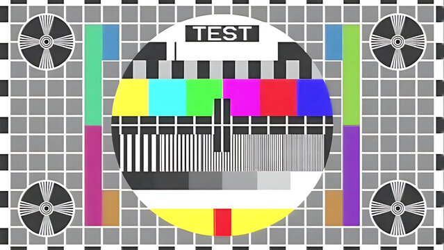 A classic television test pattern with a grid background and colorful bars