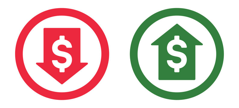Money Increase and Decrease Icons, Price Sale Rate and Profit Going Up or Down with Arrows and Dollar Sign, Clean Vector Illustration