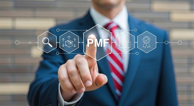 Businessman in suit touches a virtual screen with product market fit (PMF) icons and text on a blurred background.