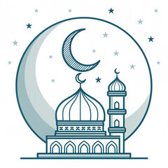 Single vector icon of crescent moon above mosque dome, Eid celebration theme, minimal flat design, single color, smooth curves, centered