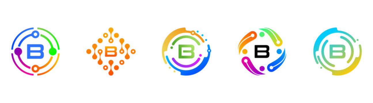 Set of abstract letter B technology logos with colorful gradients and circular network elements. Modern futuristic symbols for AI, digital innovation, branding, apps, and tech companies