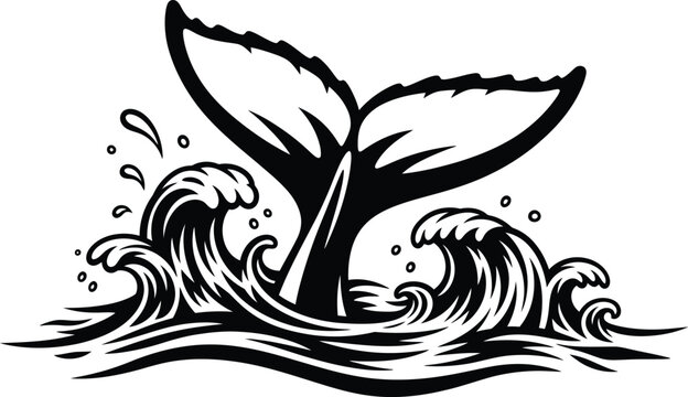 Dramatic whale tail emerging from ocean waves in dynamic motion