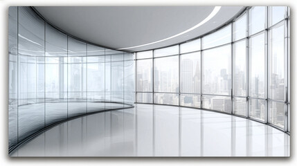 Obraz premium Empty curved office interior with panoramic city view windows and reflective floor