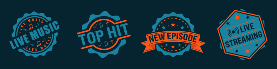 Music badges and labels featuring circular and hexagonal vintage style stamps with promotional text such as live music, top hit, new episode, and live streaming themes.