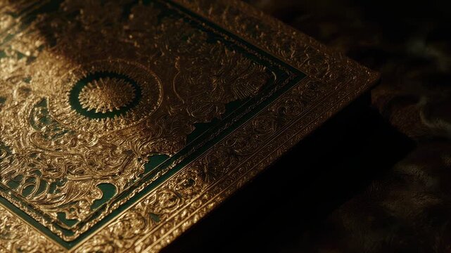 Ramadan -  Close-up of an ornate, golden, embossed surface with intricate patterns and a green border - hd and 4k