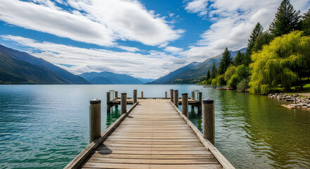 Fototapeta premium A wooden dock on a lake with mountains in the background