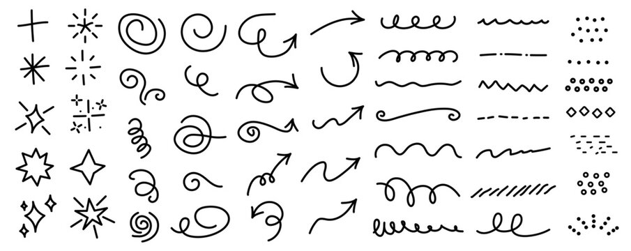 Hand drawn style doodle designs featuring assorted sketches of arrows, stars, swirls, dividers, and decorative accents, suitable for journals, planners, scrapbooks, and graphic layout compositions.