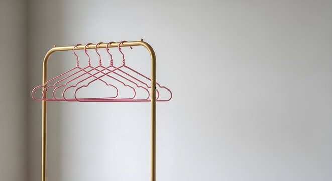 Five empty pink wire clothes hangers hanging neatly on a minimalist golden garment rack