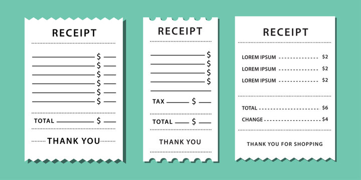 Coupon and voucher shape set featuring multiple billing layouts with payment details, tax lines, totals, and thank you messages, designed for retail transactions and financial documentation use.