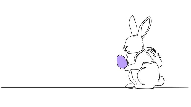 animated continuous line drawing of Easter bunny holding purple colored Easter egg, line art animation