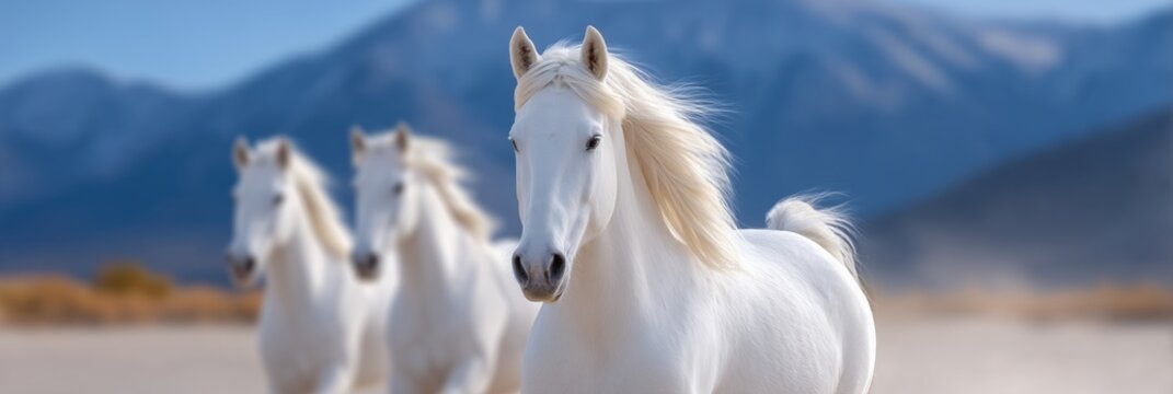 Three majestic white horses running in a desert landscape with mountains in the background