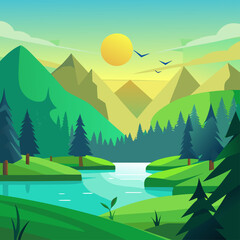 Serene Lush Green Forest Landscape with River and Warm Sunlight Vector Illustration