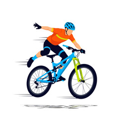 Fototapeta premium Cyclist performing downhill mountain biking stunt, action sport illustration