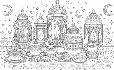 Ramadan lantern tea set illustration, Islamic Arabic coffee dessert table, Muslim festival night celebration decorative vector line art