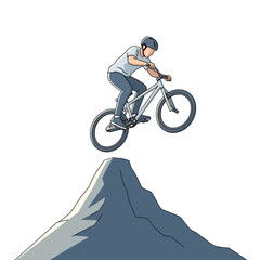 Naklejka premium BMX rider jumping over mountain peak, extreme sports action, cartoon style