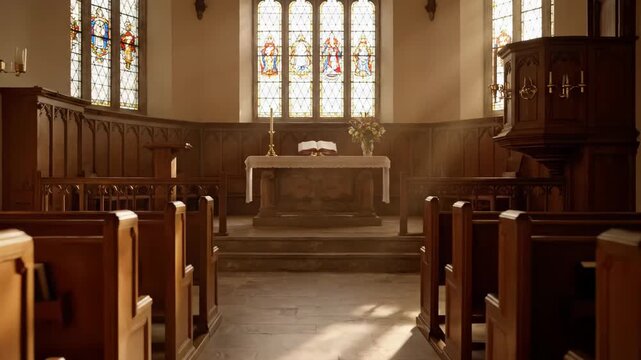 Sunlight beams illuminate the aisle of a historic church with traditional wooden pews. The altar and pulpit stand in a quiet and solemn atmosphere of faith and worship