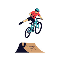 Naklejka premium Mountain Biker Jumps Ramp, Extreme Sports Bicycle Rider, Aerobatic Trick