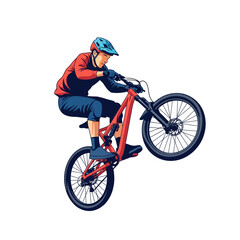 Obraz premium Mountain biker performing a wheelie on a red bike, wearing a helmet and sportswear.