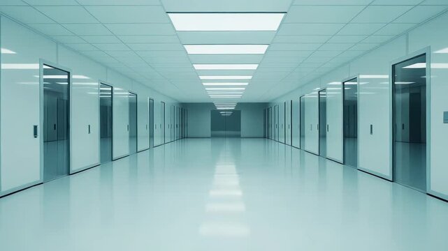 Modern cleanroom corridor extending into the distance, featuring luminous strip lights on the ceiling and many medical or scientific laboratory doors on both sides