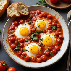Tunisian food. A plate of shakshuka with poached eggs in a spicy tomato sauce, served with crusty bread.