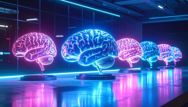 Five neon-colored human brains in a horizontal line against a dark background, glowing with vibrant pink, purple, and blue gradients, reflected on a glossy surface, symbolizing AI and cognitive scienc