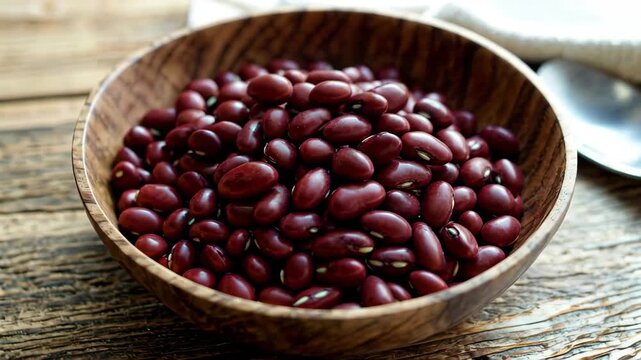 Close-up of red beans in a wooden bowl