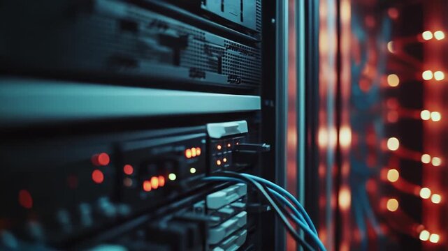 Network servers and data center equipment processing information and connecting to the internet, showing blue cables plugged into blinking lights on the hardware within a dark room