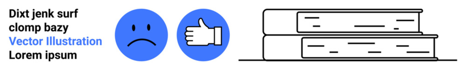 Fototapeta premium Learning, evaluation, feedback, education, decision-making, mood . Blue thumbs-up and frown icons with a stack of books. Learning and evaluation concept