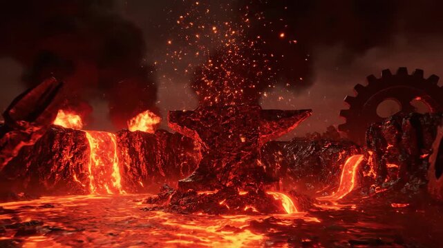 Apocalyptic industrial landscape with flowing lava rivers and molten anvils. Fantasy concept of a hellish forge or infernal factory under a dark and stormy sky