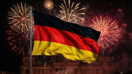 German flag waving against a backdrop of festive fireworks over the Reichstag building in Berlin.