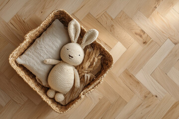 Basket Pillow And Raffia Toy Rabbit On Parquet