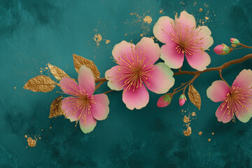 Pink And Green Sakura With Gold Leaf On Dark Teal