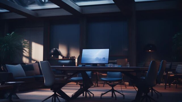 Spacious contemporary dark toned boardroom with a long conference table, illuminated computer screen, ergonomic chairs and soft lighting for a sleek, professional atmosphere