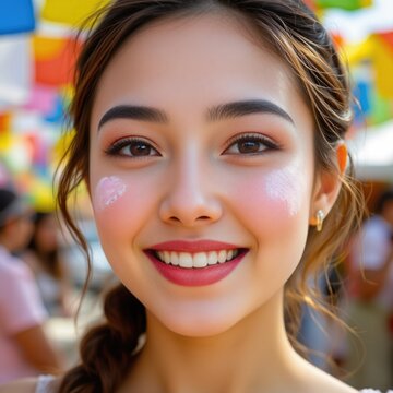 Smiling Thai Woman Celebrates Songkran with Din Sor Phong on Cheek in a colorful bokeh background.