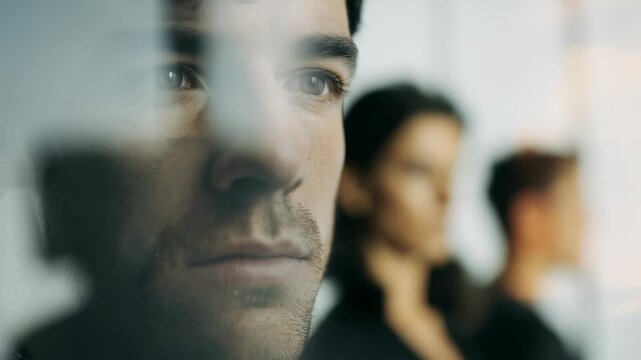 A close up portrait of a pensive man looking out, surrounded by soft, abstract reflections. The blurred background and muted tones evoke a sense of solitude and emotional depth