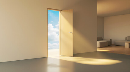 Obraz premium Gateway to Opportunity: An open door reveals a sun-drenched sky, symbolizing possibilities and fresh beginnings.