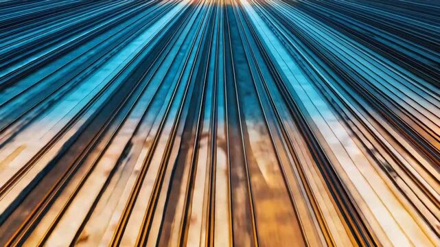 Overhead view of numerous parallel railway tracks stretching into the distance, reflecting warm light and cool tones, symbolizing travel, connection, and infrastructure