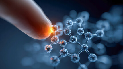 Obraz premium A finger interacting with a futuristic glowing molecular structure representing advanced science and technology concepts in a digital environment