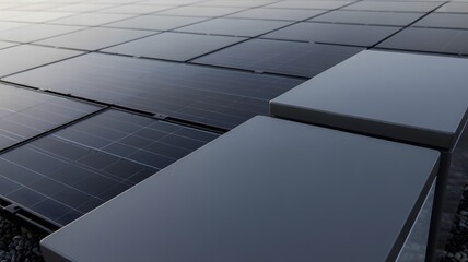 Fototapeta premium Close-up of a solar panel array with two metallic grey storage units in foreground