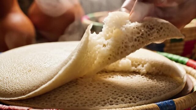 A hand pulling a piece of flatbread