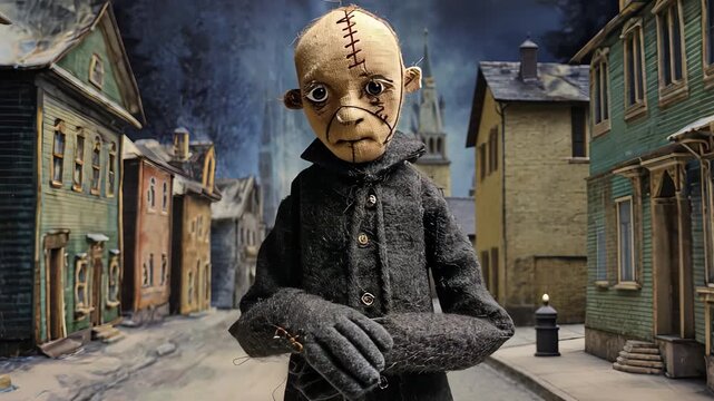 Creepy Vintage Puppet Character in Gothic Street Scene with Stop Motion Vibes and Spooky Atmosphere