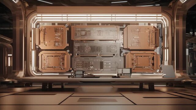 Futuristic workshop interior showing a large wall display unit with various electronic circuit boards and glowing components, an advanced concept for technology development and research