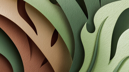 A close-up view of layered cut-out paper shapes in various earthy tones